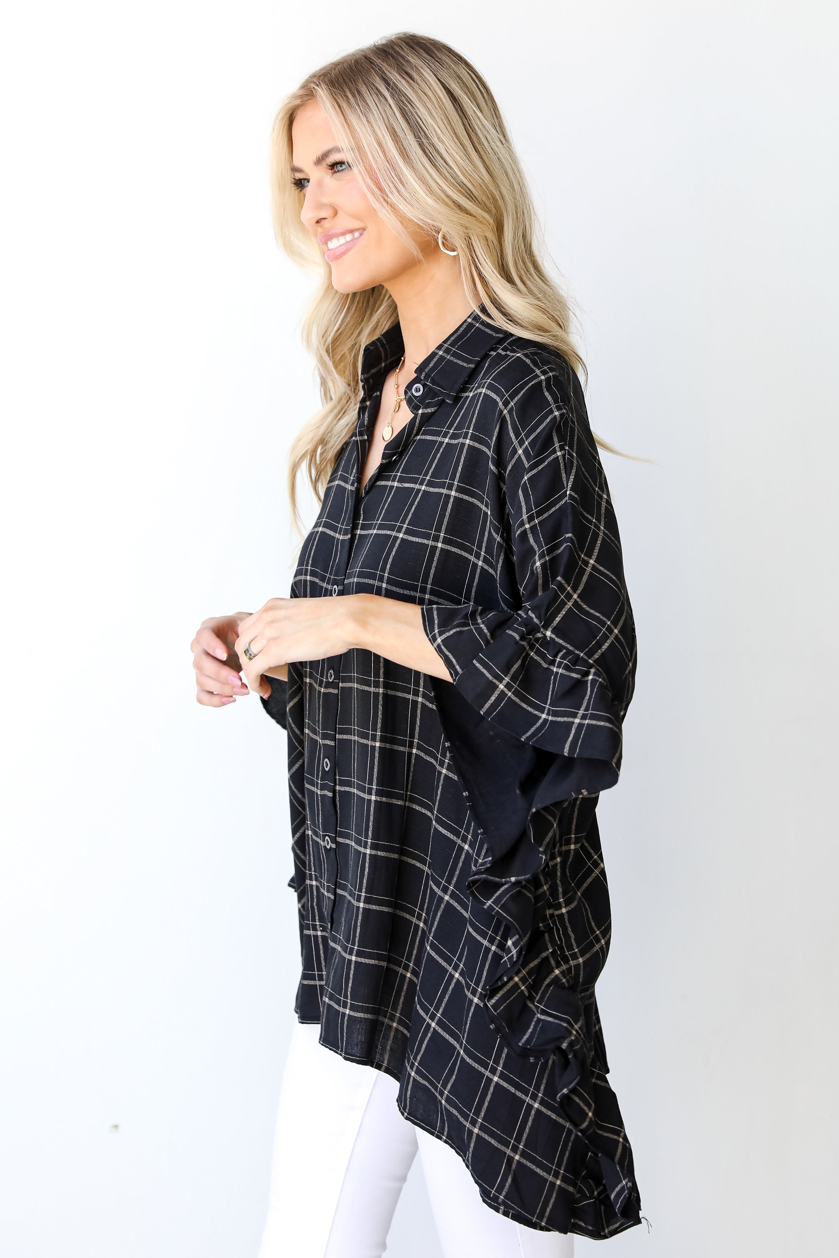 Plaid Oversized Ruffle Blouse side view
