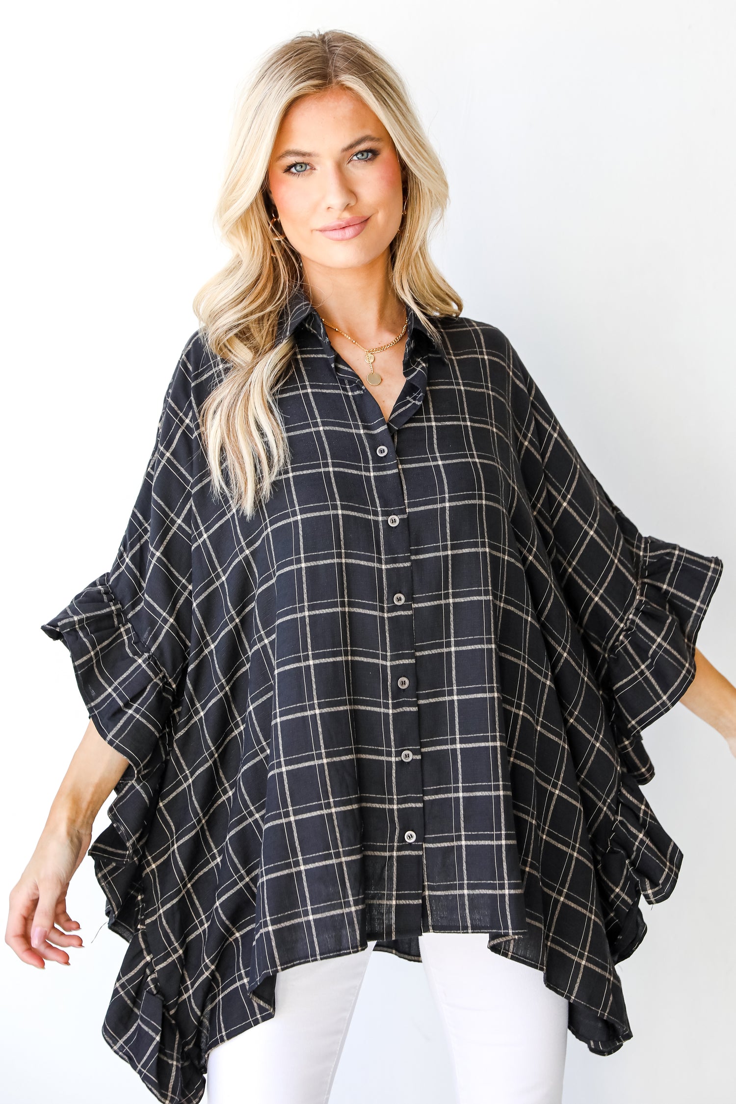 Plaid Oversized Ruffle Blouse front view
