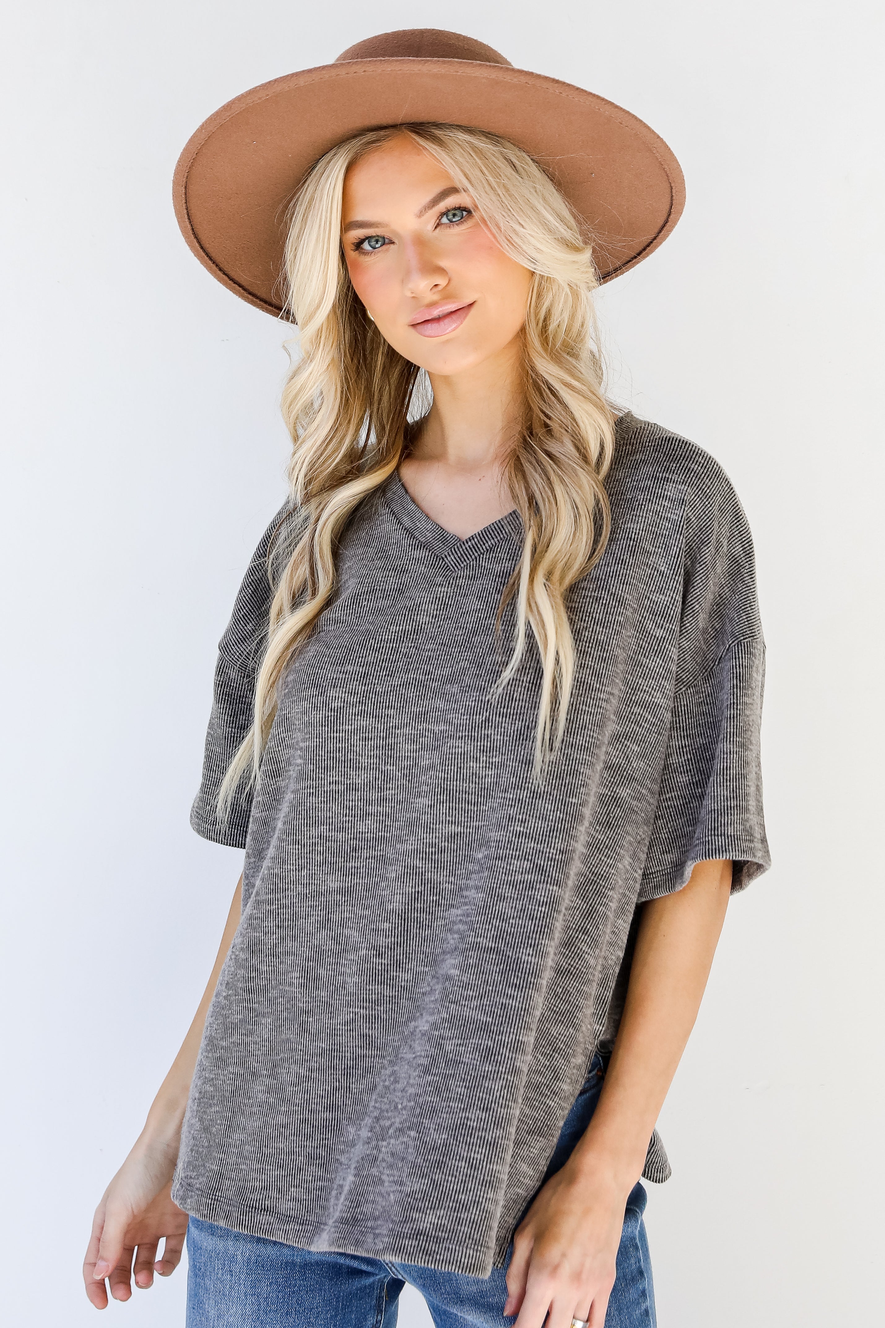 Ribbed Tee in black front view
