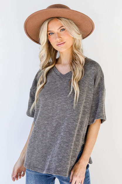 Ribbed Tee in black front view