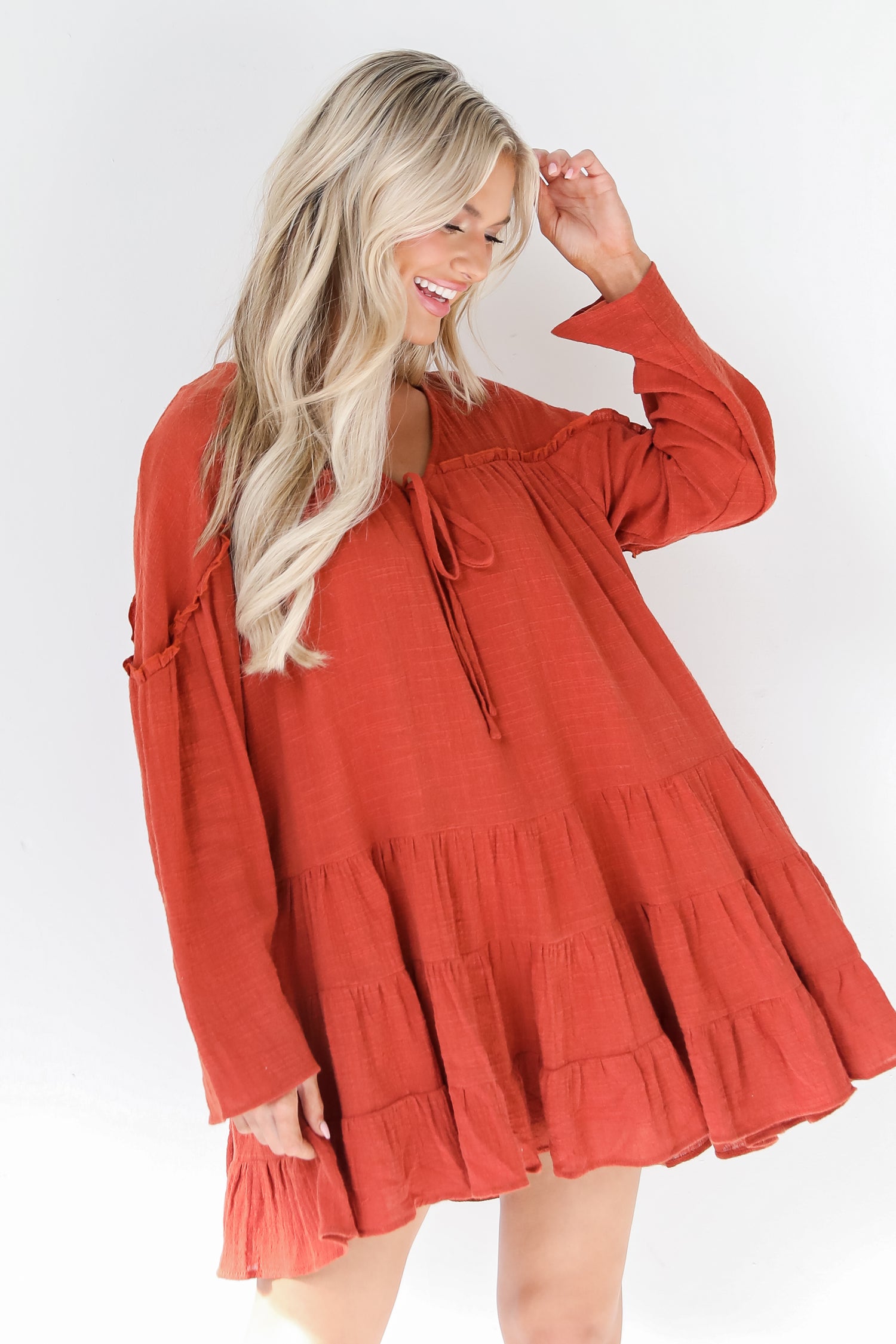 rust Mini Dress on model