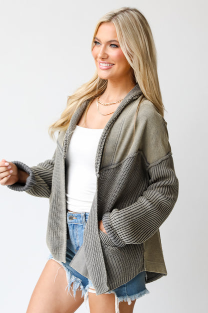 green sweater Cardigan side view
