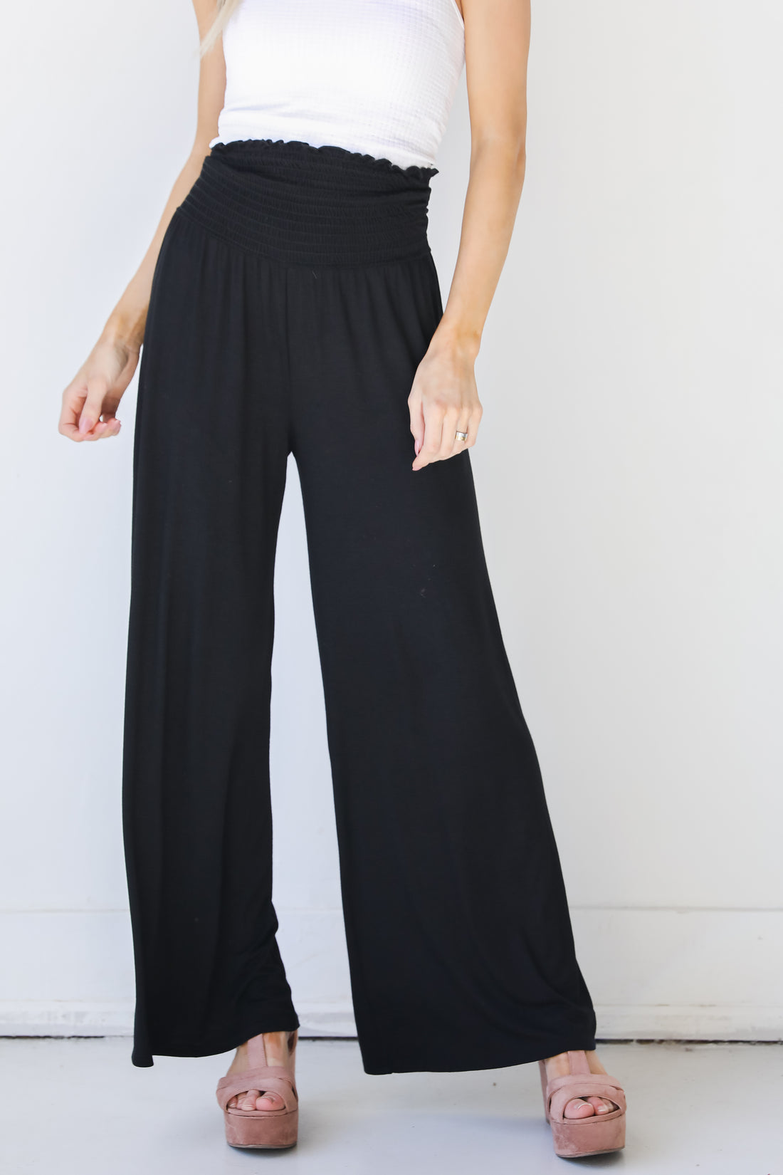 Smocked Wide Leg Pants in black
