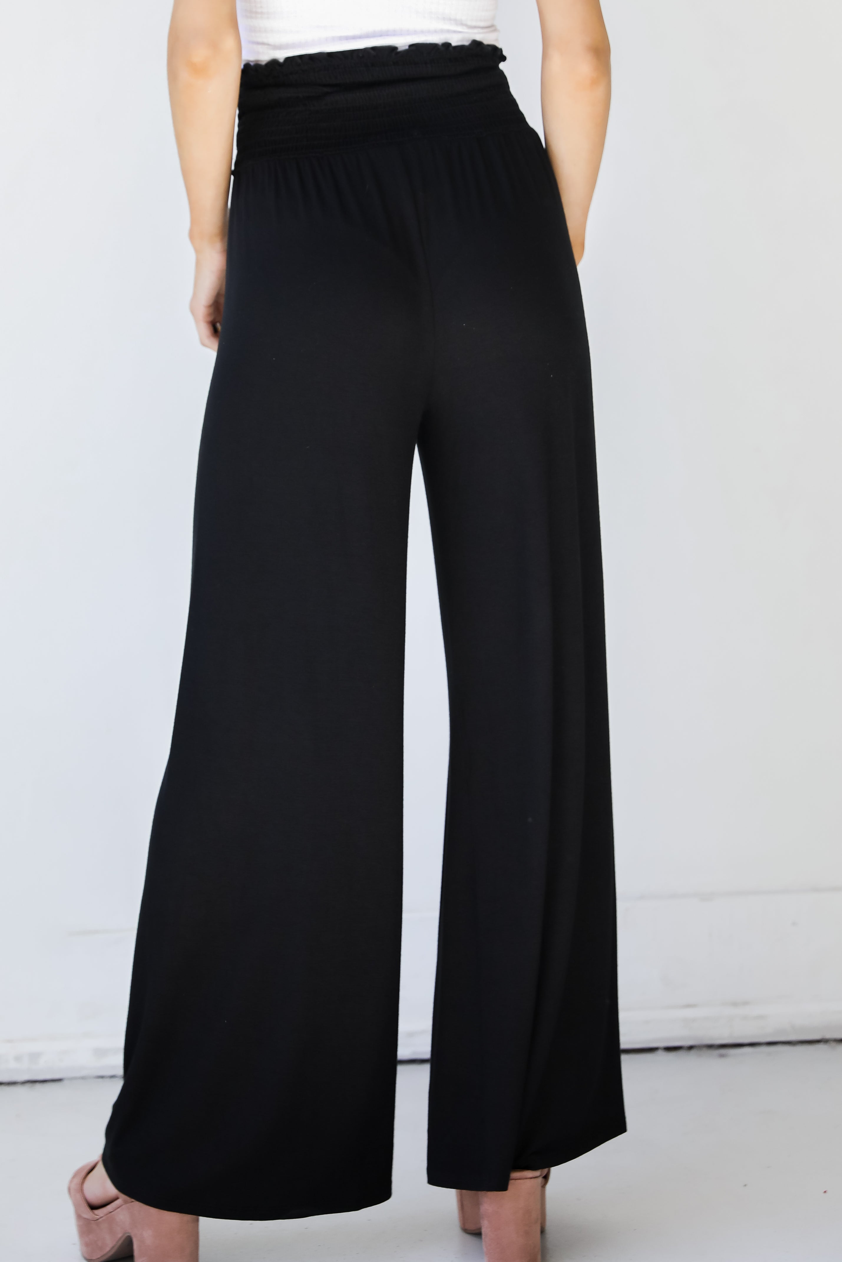 Smocked Wide Leg Pants in black back view