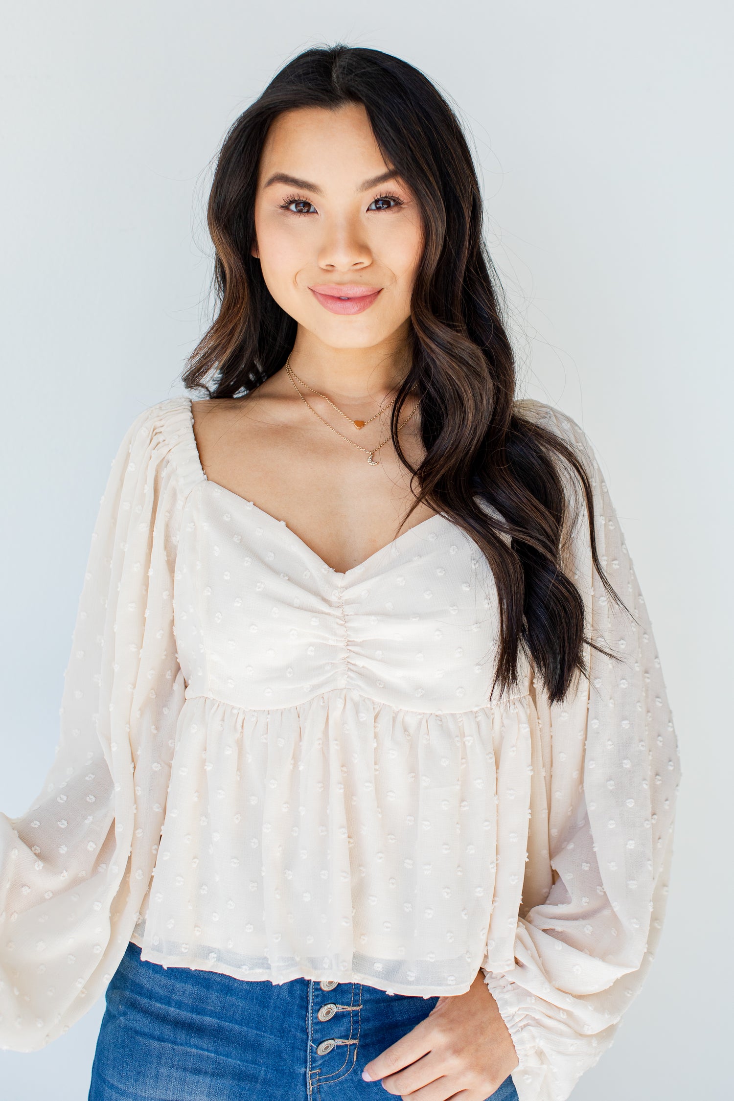 Swiss Dot Babydoll Blouse in ivory