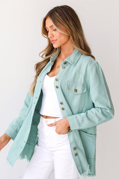 teal Distressed Denim Jacket side view