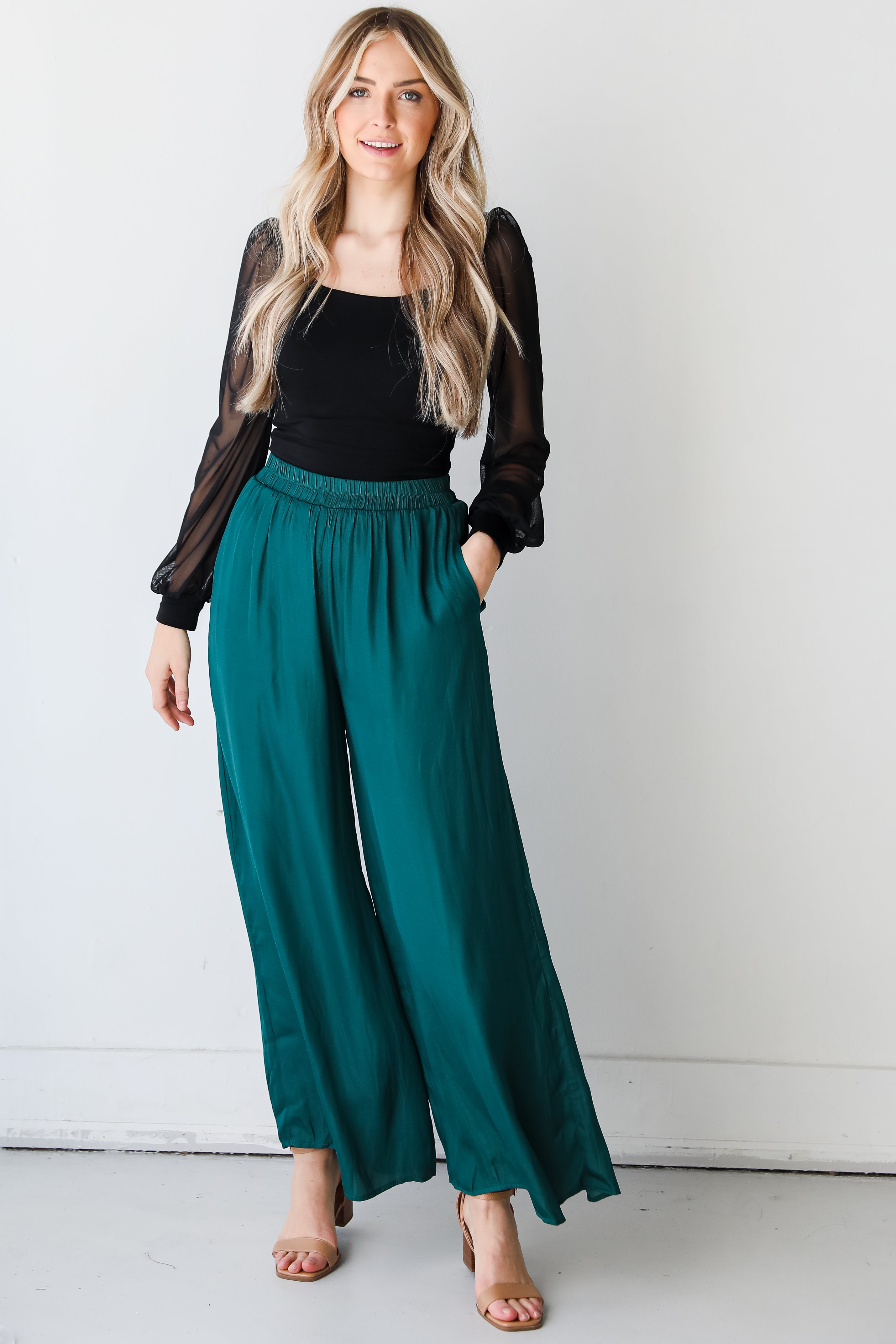 green Wide Leg Pants on model