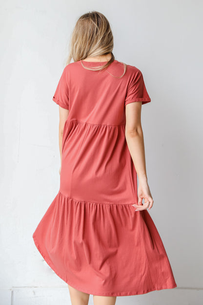 Tiered Midi Dress in marsala back view