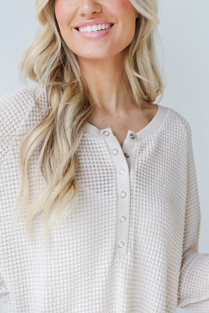 Waffle Knit Henley Top in ivory close up