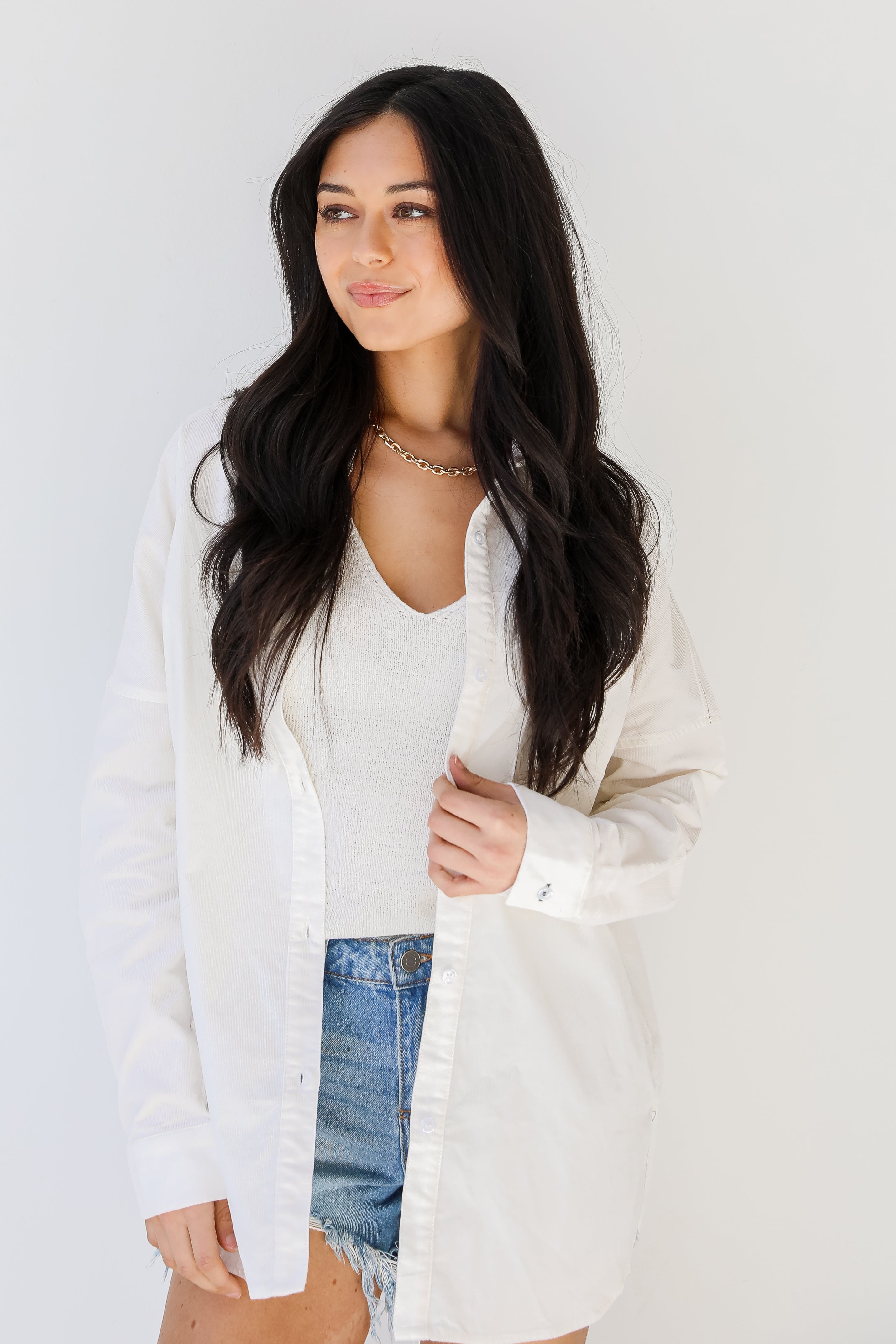 Corduroy Button-Up Blouse on model